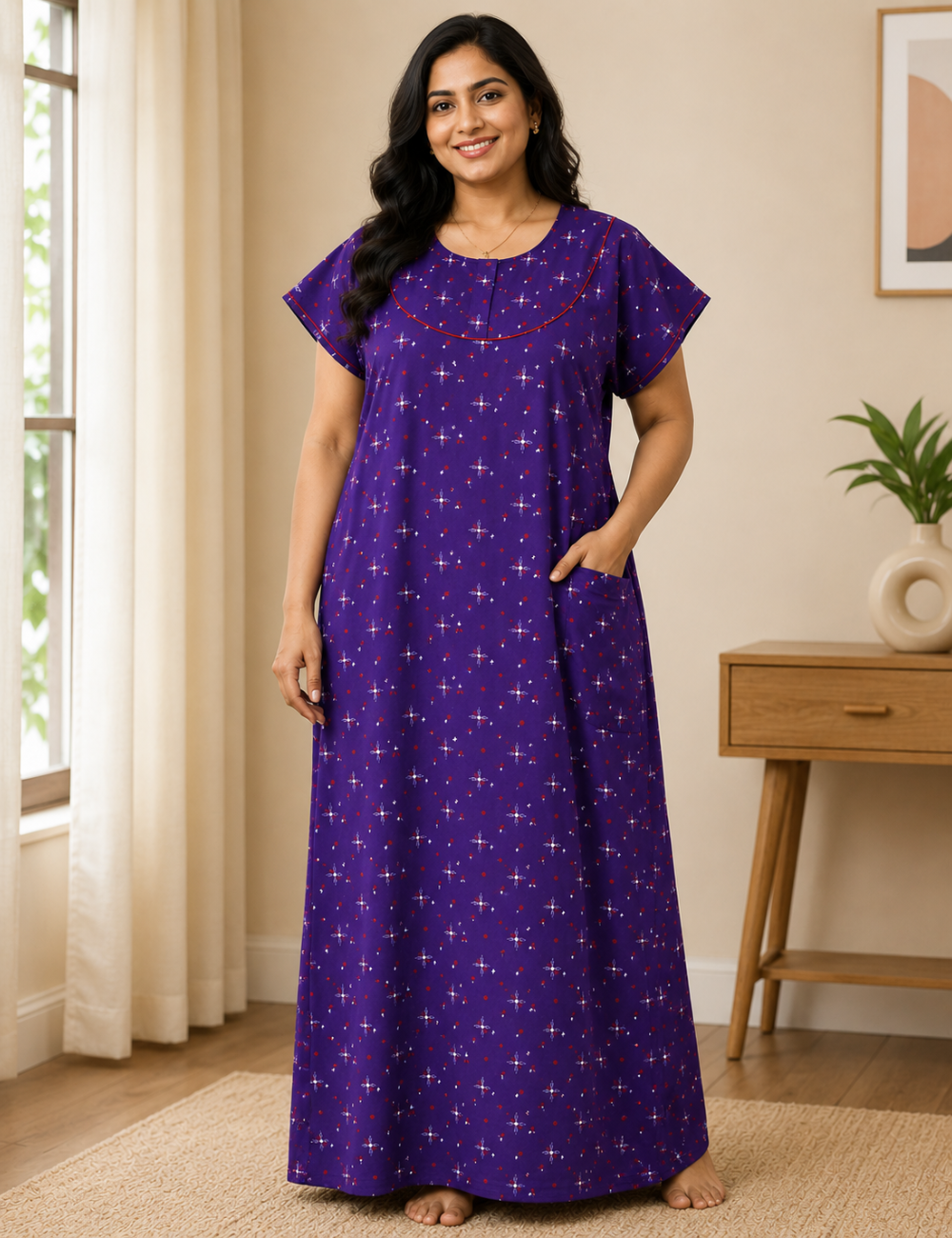 FreeSize - 50"/3xl|Premium | Elegant Front Zip Cotton Nighty |  pure cotton | Soft & Comfortable Daily Wear