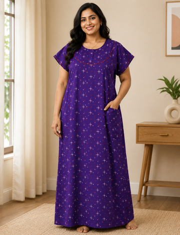 FreeSize - 50"/3xl|Premium | Elegant Front Zip Cotton Nighty |  pure cotton | Soft & Comfortable Daily Wear