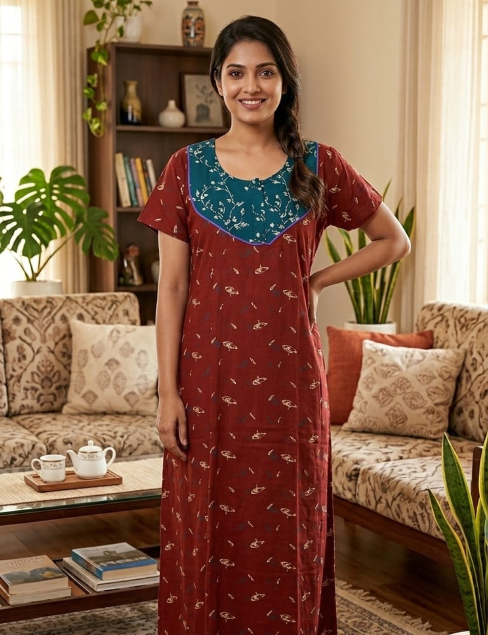 XL Premium - Elegant Designer| With Zip|Pure Cotton Nighty