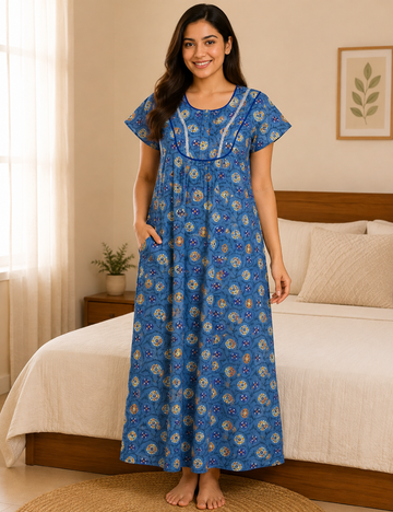 XL Premium - Elegant Designer| With Zip|Pure Cotton Nighty