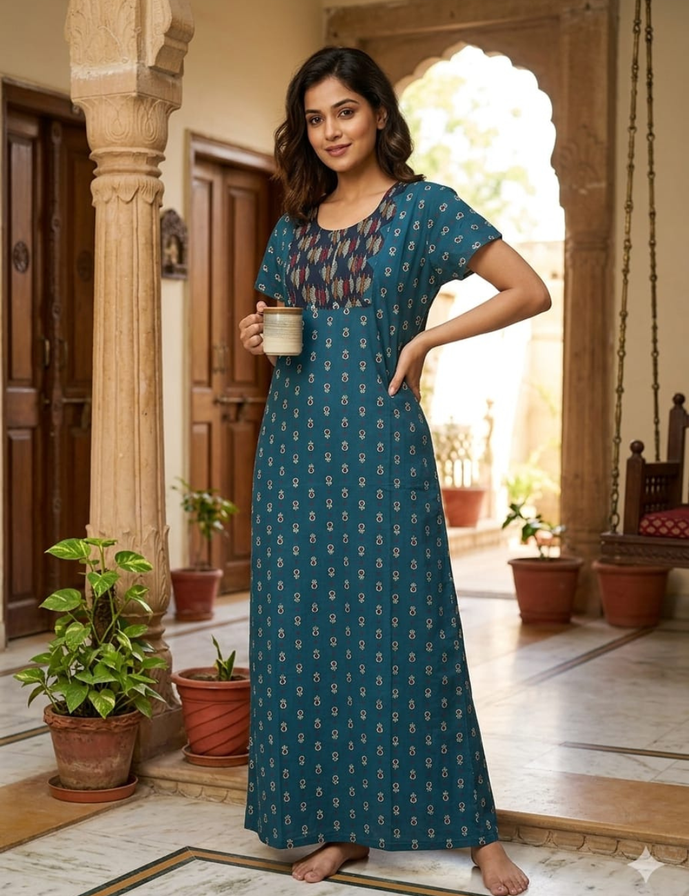 2XL Premium - Elegant Front Zip Cotton Nighty | premium pure cotton | Soft & Comfortable Daily Wear