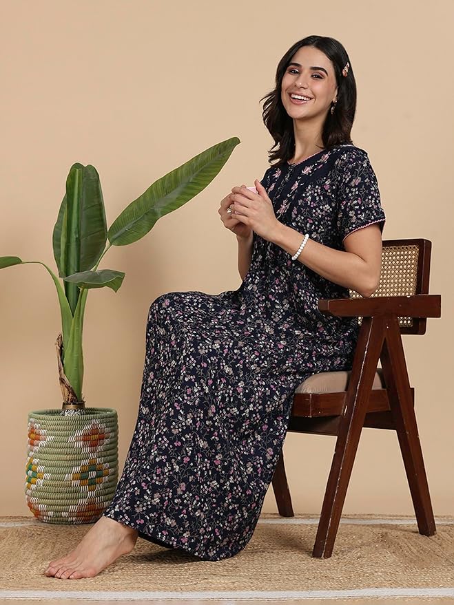 Stylish Alpine Nighty Maxi for Women | Full Length Trendy Nightgown | Premium Nightdress | Nightwear | Embroidery Nighty