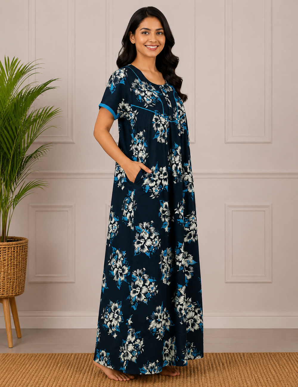 2XL Premium - Elegant Front Zip Cotton Nighty | premium pure cotton | Soft & Comfortable Daily Wear