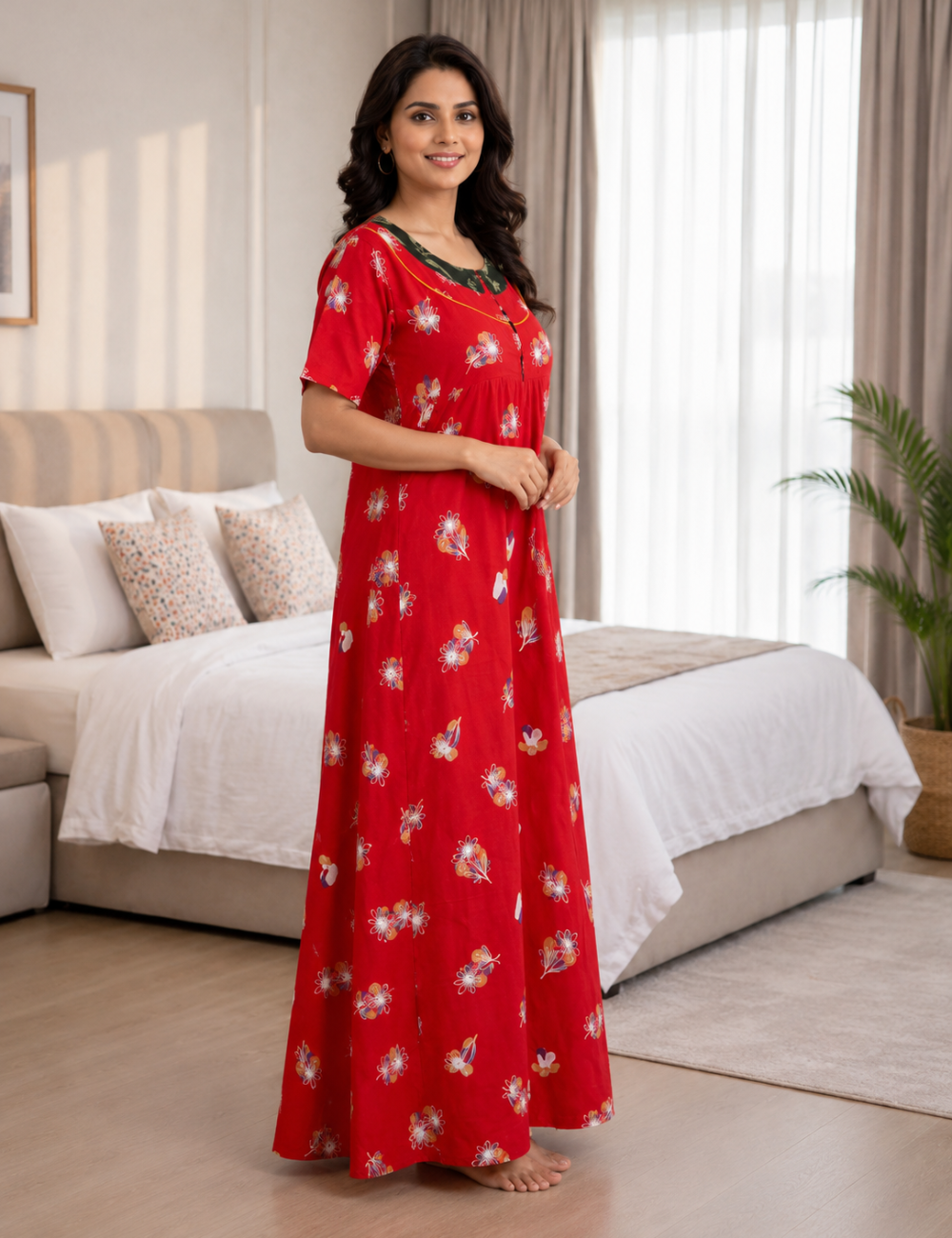 XL Women's Premium Designer Yoke Model Collar |Zip Pattern Nighty | Soft Comfortable Daily Wear Nightdress