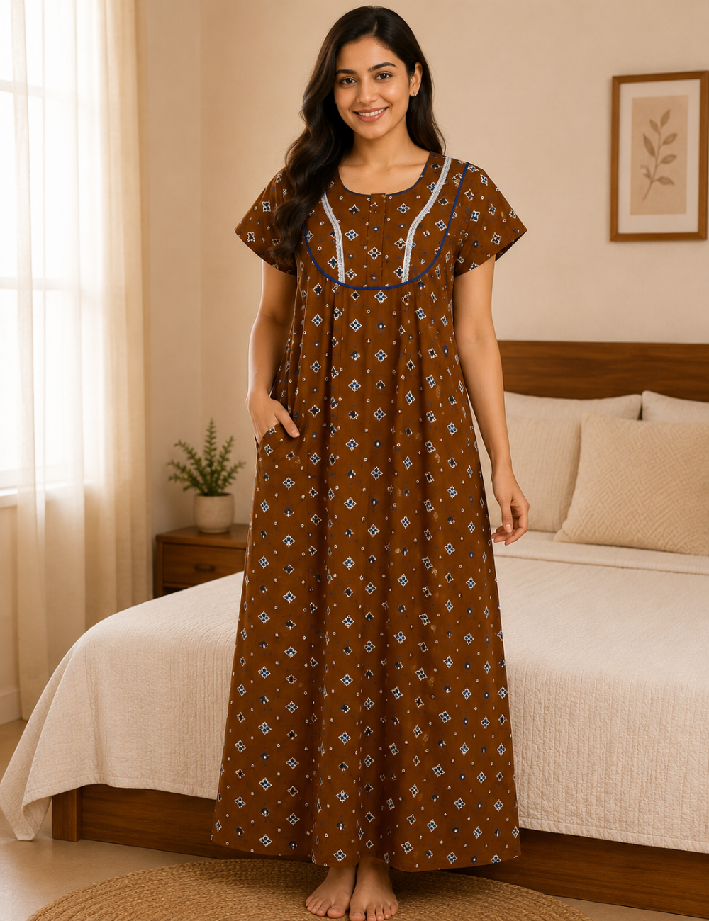XL Premium - Elegant Designer| With Zip|Pure Cotton Nighty