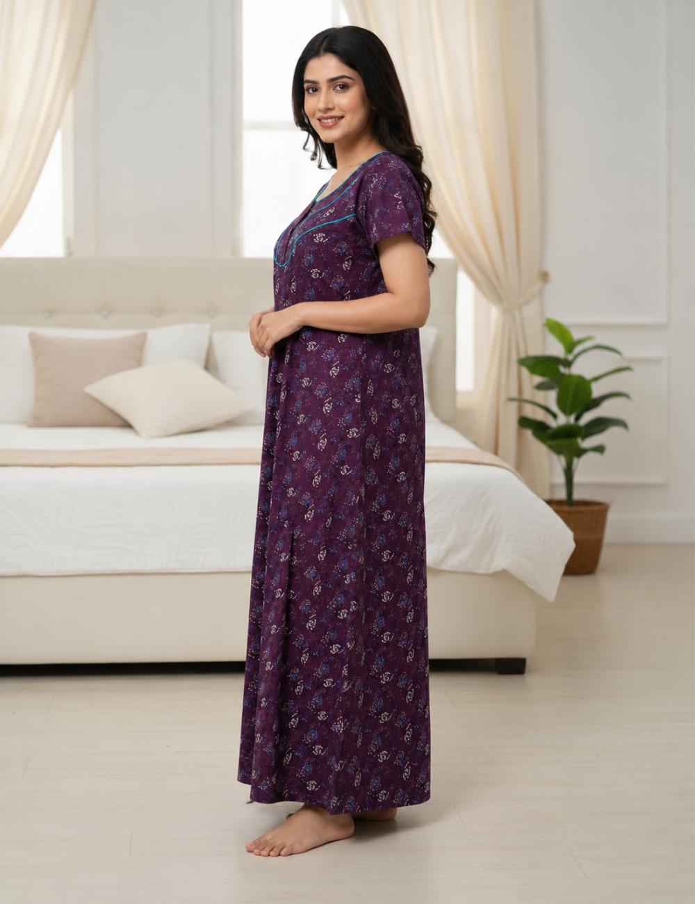 2XL Premium - Elegant Front Zip Cotton Nighty | premium pure cotton | Soft & Comfortable Daily Wear