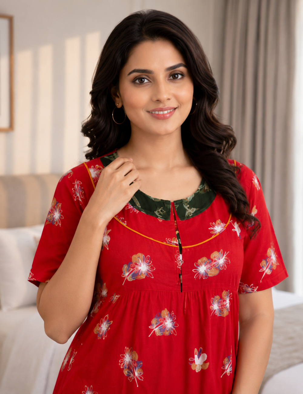 XL Women's Premium Designer Yoke Model Collar |Zip Pattern Nighty | Soft Comfortable Daily Wear Nightdress