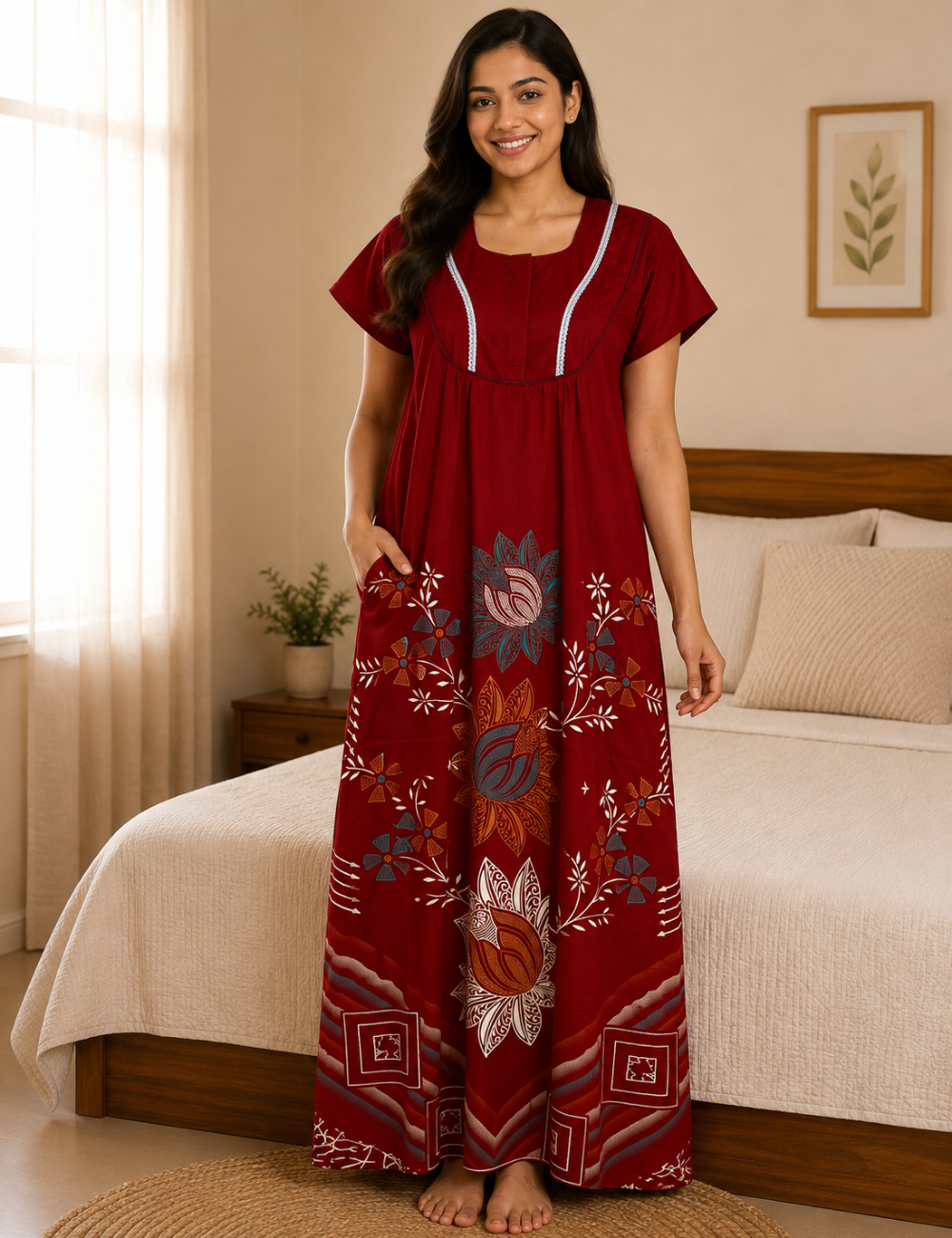 2XL Premium - Elegant Front Zip Cotton Nighty | premium pure cotton | Soft & Comfortable Daily Wear