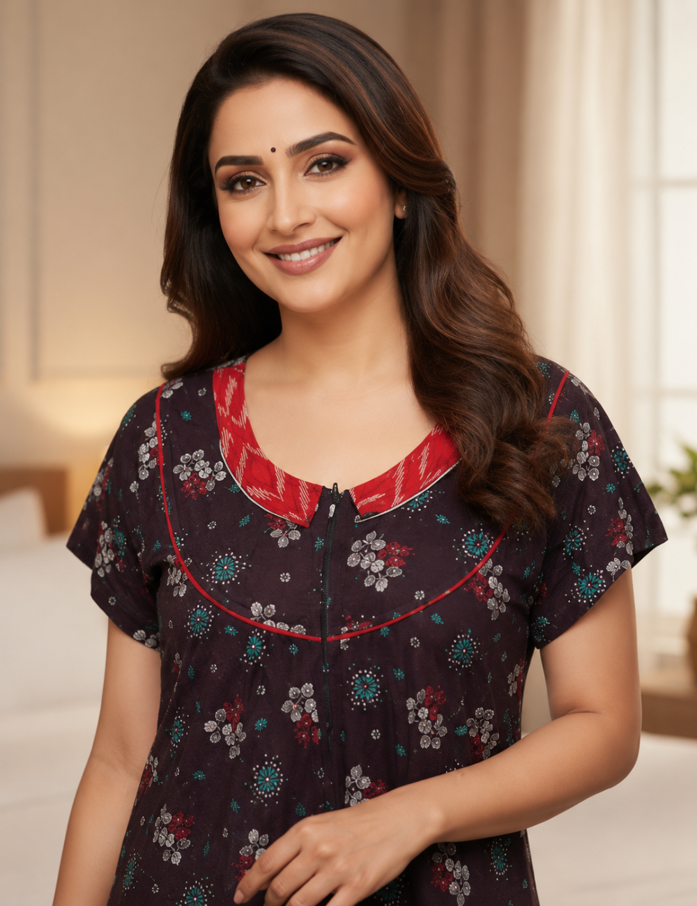 2XL Women's Premium Designer |Pure cotton |Yoke Model Collar| Zip Pattern Nighty | Soft Comfortable Daily Wear Nightdress