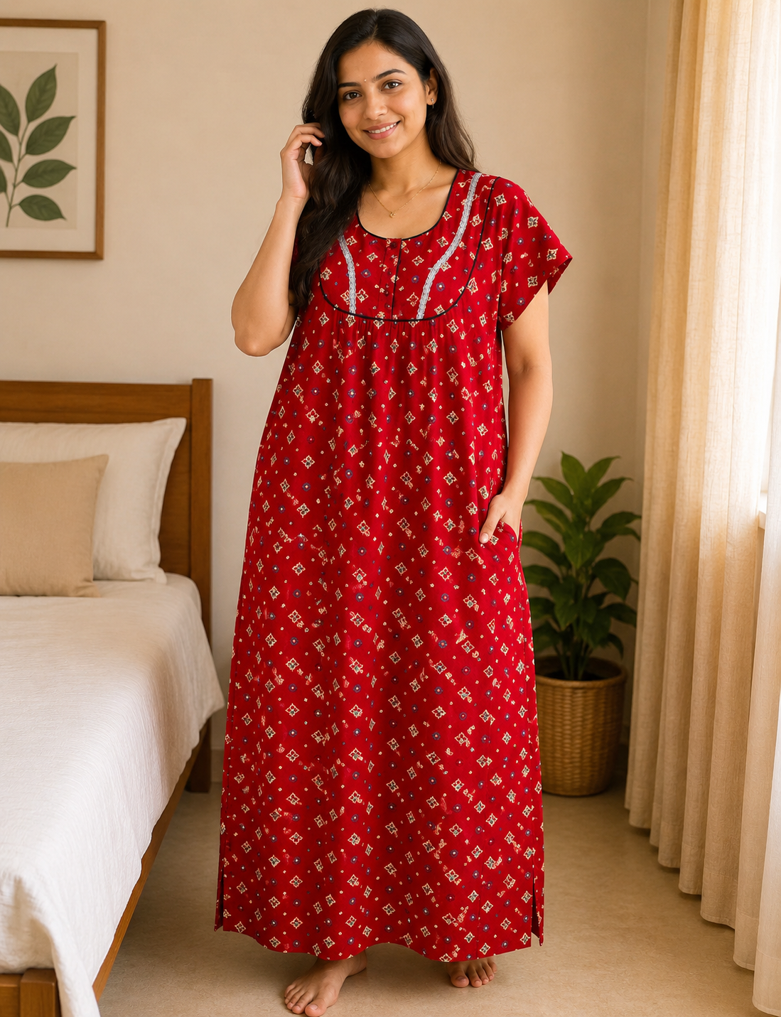 XL Premium - Elegant Designer| With Zip|Pure Cotton Nighty