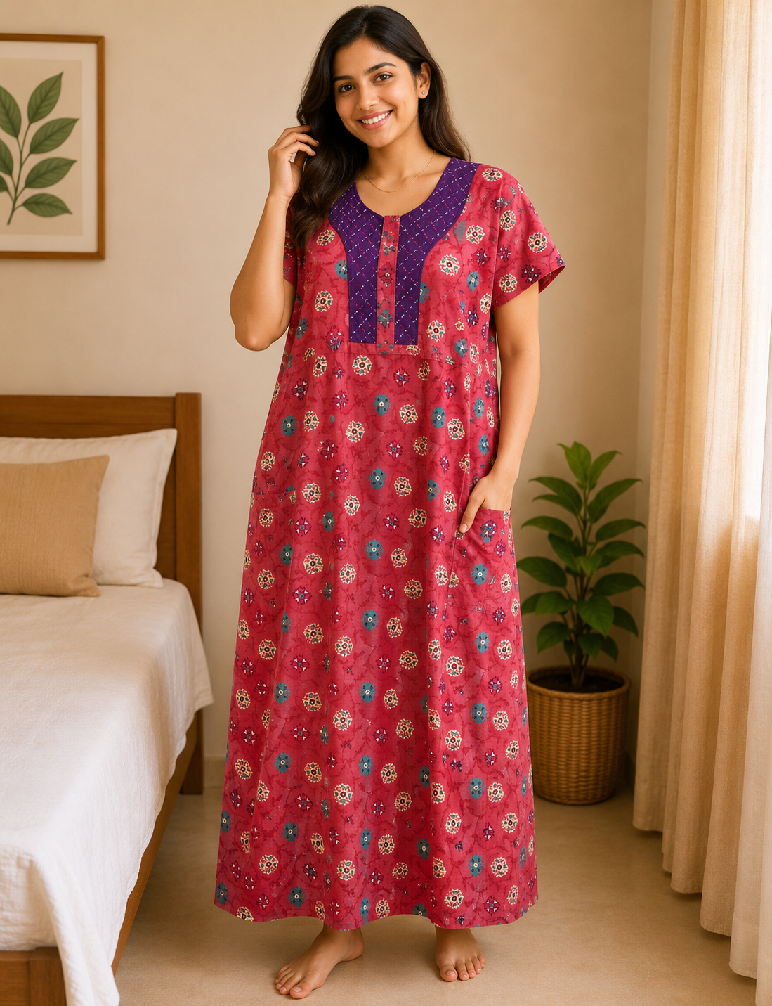 2XL Premium - Elegant Front Zip Cotton Nighty | premium pure cotton | Soft & Comfortable Daily Wear