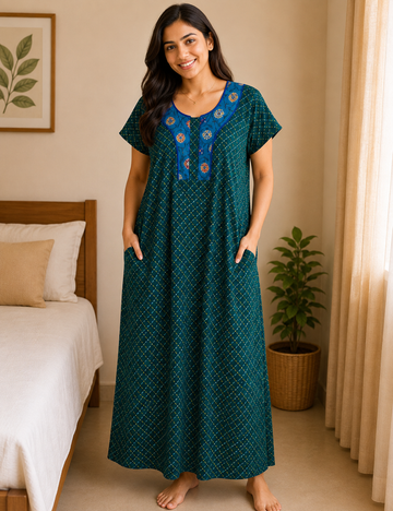 XL Premium - Elegant Designer| With Zip|Pure Cotton Nighty