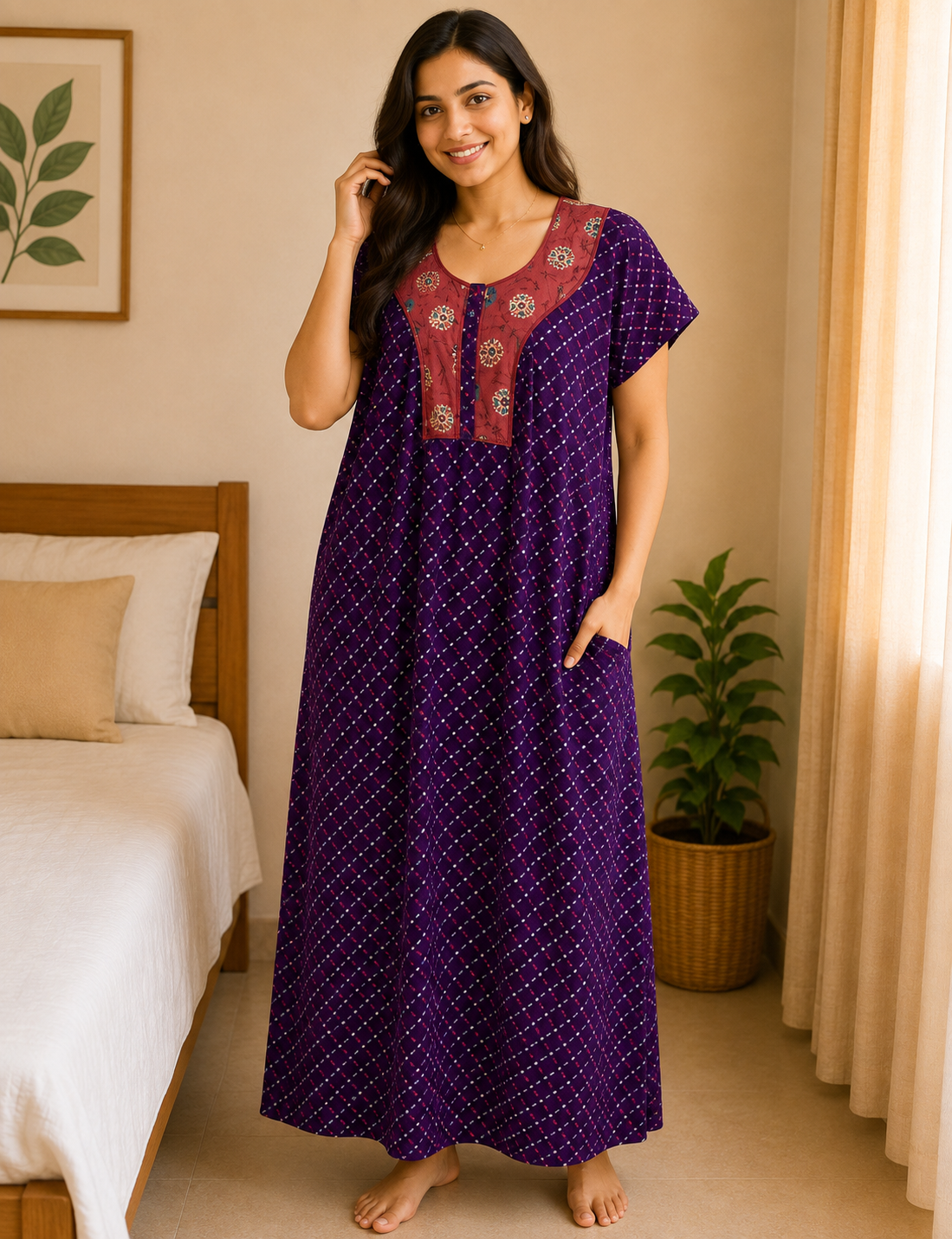 XL Premium - Elegant Designer| With Zip|Pure Cotton Nighty