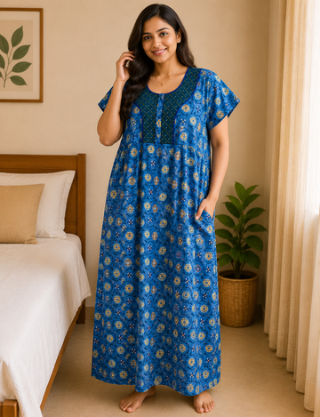 XL Premium - Elegant Designer| With Zip|Pure Cotton Nighty