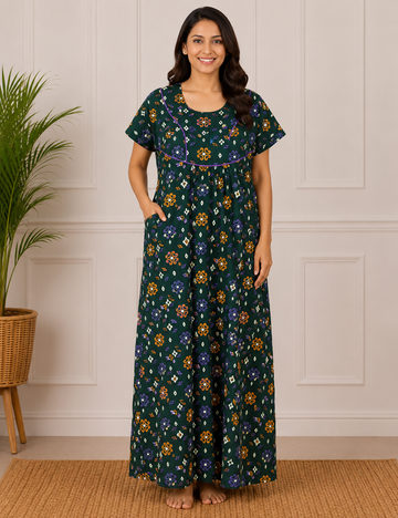 2XL Premium - Elegant Front Zip Cotton Nighty | premium pure cotton | Soft & Comfortable Daily Wear