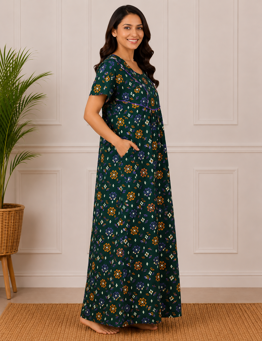 2XL Premium - Elegant Front Zip Cotton Nighty | premium pure cotton | Soft & Comfortable Daily Wear