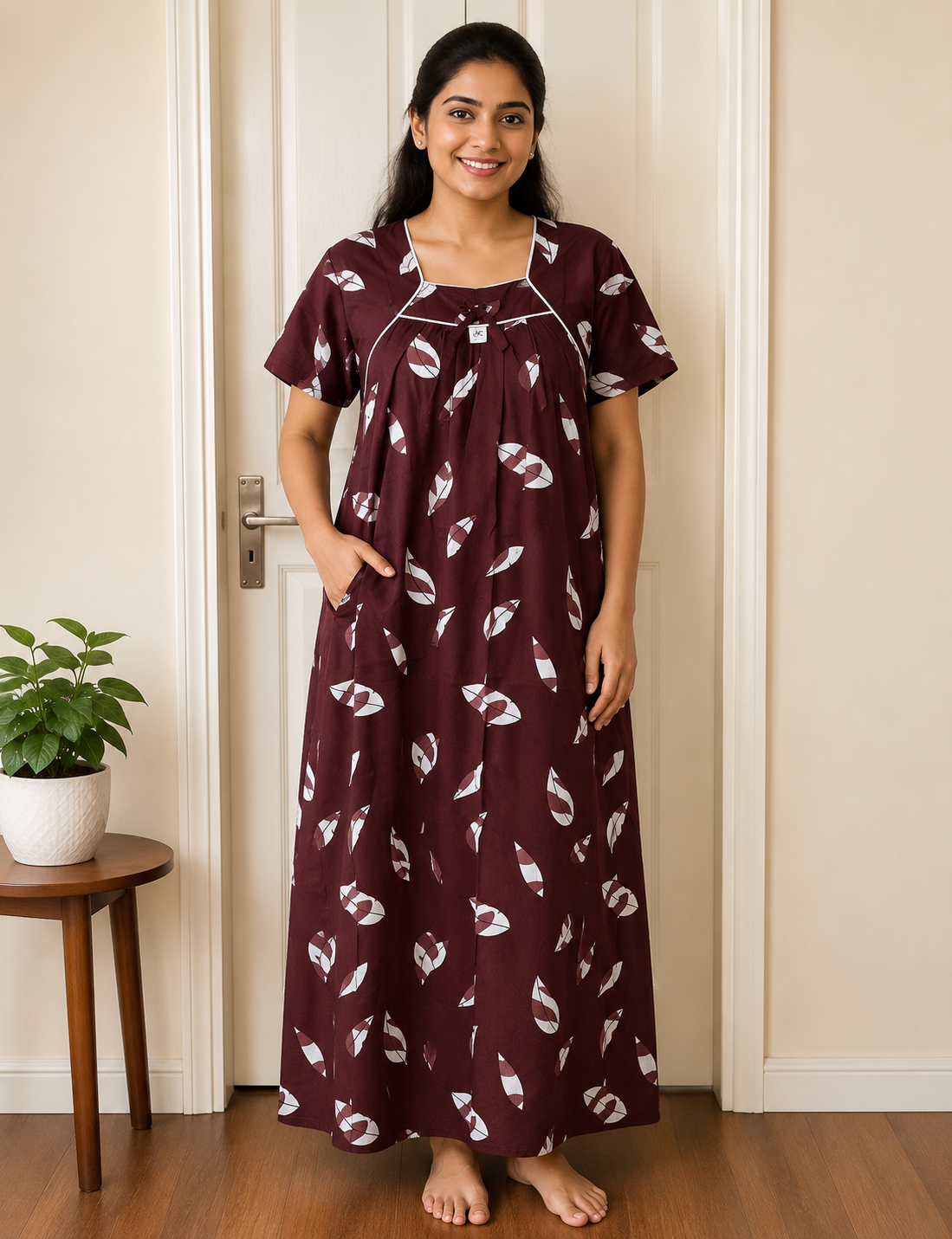 2XL - Size |Premium Pure Cotton | Boat Neck Nighty | with Pocket