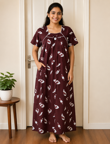 2XL - Size |Premium Pure Cotton | Boat Neck Nighty | with Pocket