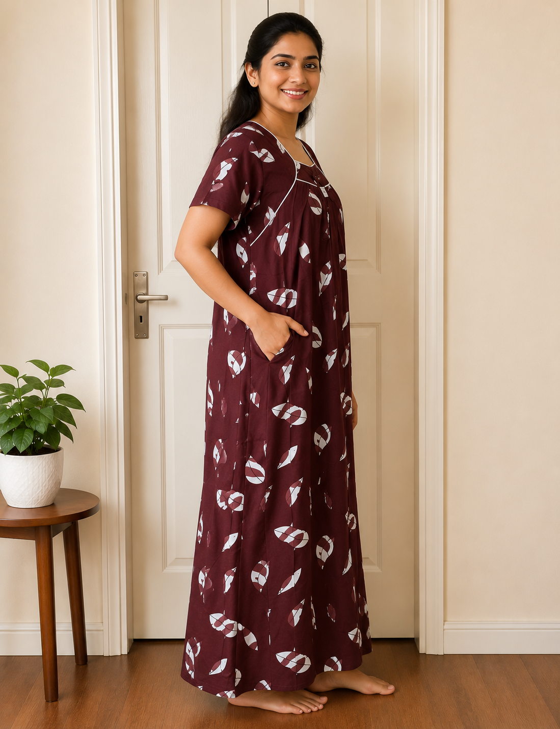 L - Size |Premium Pure Cotton | Boat Neck Nighty | with Pocket