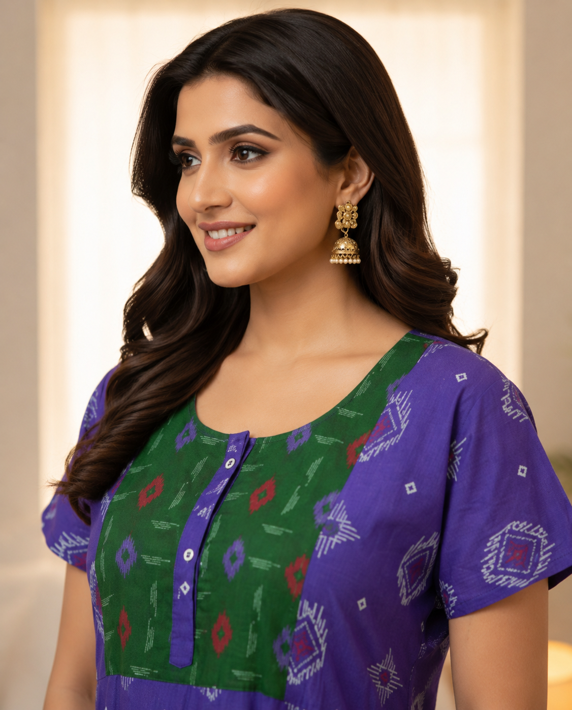 XL Premium - Elegant Designer| With Zip|Pure Cotton Nighty