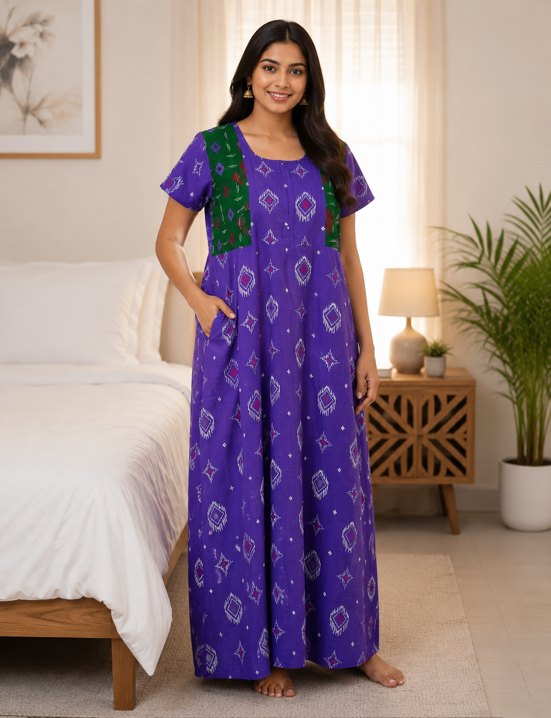 XL Premium - Elegant Designer| With Zip|Pure Cotton Nighty