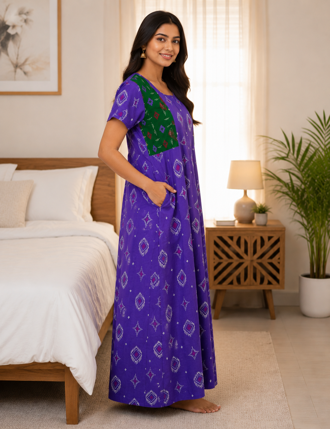 XL Premium - Elegant Designer| With Zip|Pure Cotton Nighty