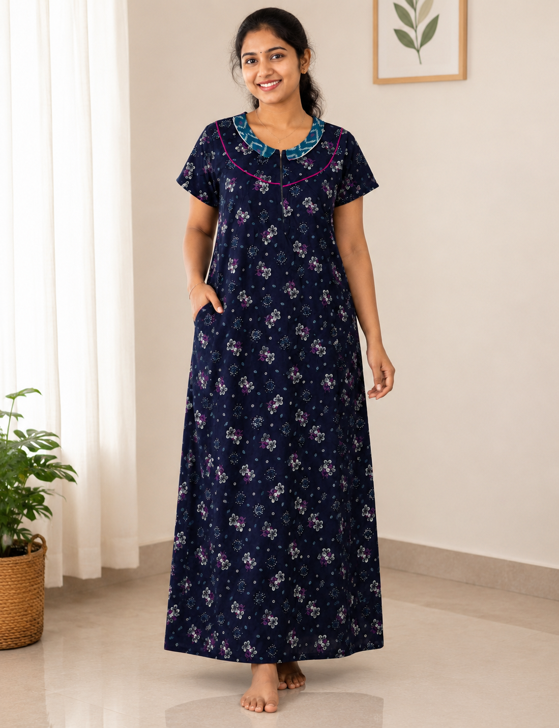 XL Women's Premium Designer | Yoke Model Collar| Zip Pattern Nighty | Soft Comfortable Daily Wear Nightdress