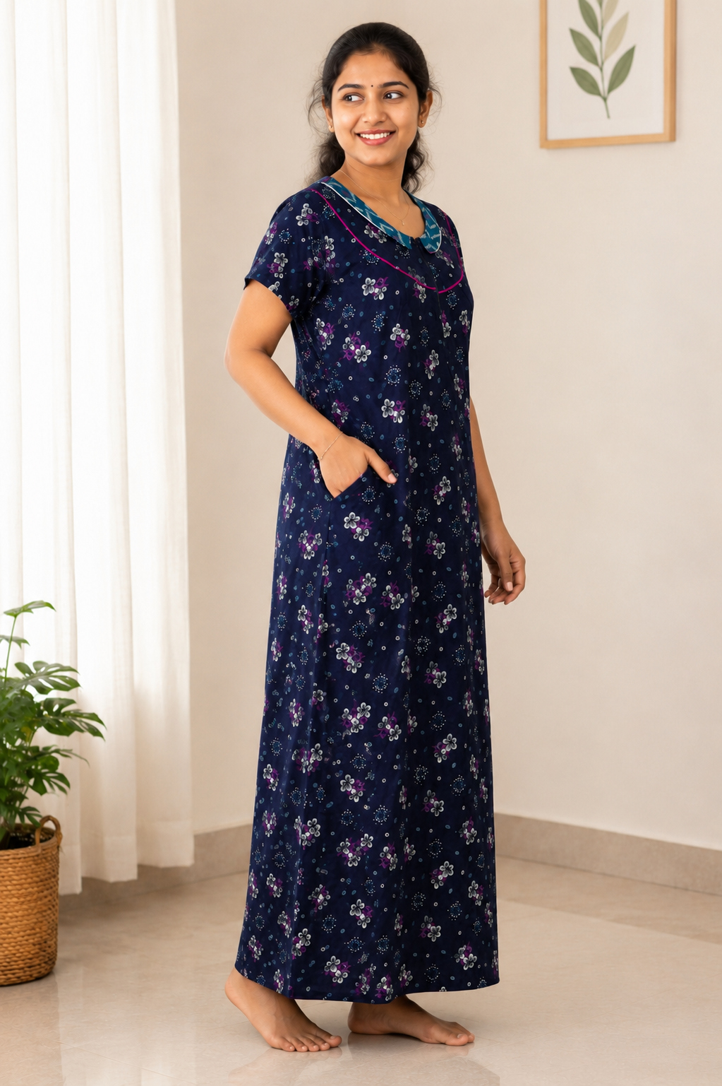 XL Women's Premium Designer | Yoke Model Collar| Zip Pattern Nighty | Soft Comfortable Daily Wear Nightdress