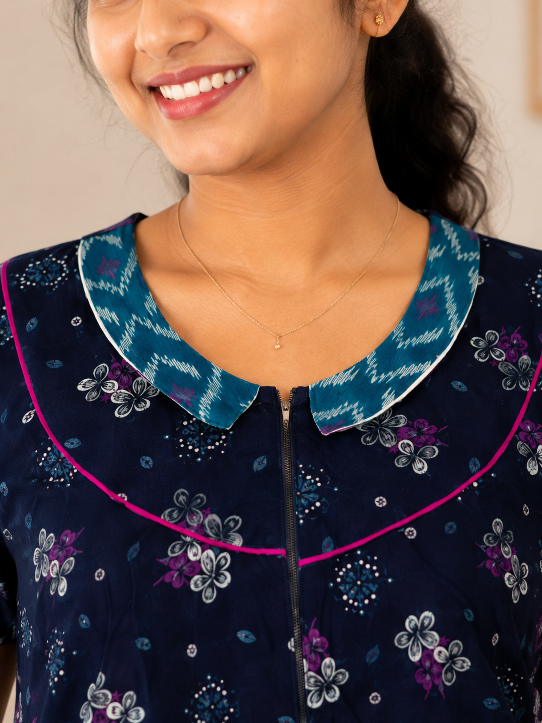 XL Women's Premium Designer | Yoke Model Collar| Zip Pattern Nighty | Soft Comfortable Daily Wear Nightdress