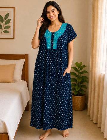 XL Premium - Elegant Designer| With Zip|Pure Cotton Nighty