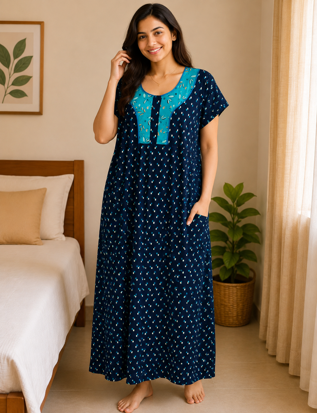 2XL Premium - Elegant Front Zip Cotton Nighty | premium pure cotton | Soft & Comfortable Daily Wear
