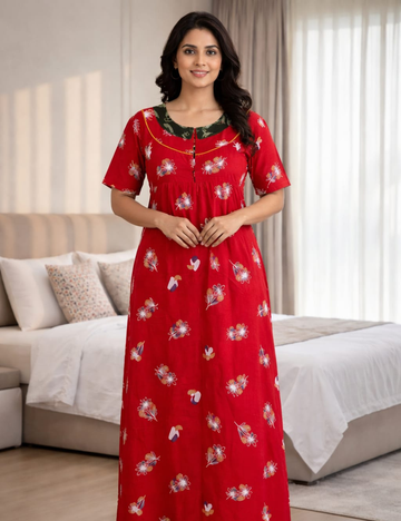 XL Women's Premium Designer Yoke Model Collar |Zip Pattern Nighty | Soft Comfortable Daily Wear Nightdress